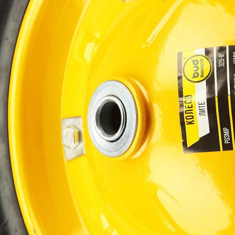 Колесо BudMonster литое 3.0х8" с дополнительным креплением, о/d=16мм, черное, диск желтый, втулка 90мм (01-044)